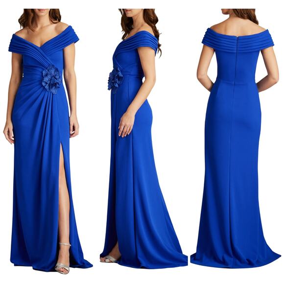 Tadashi Shoji NWT Penn Pleated Floral Detail Off Shoulder Crepe Gown Blue Sz XL - Picture 1 of 13
